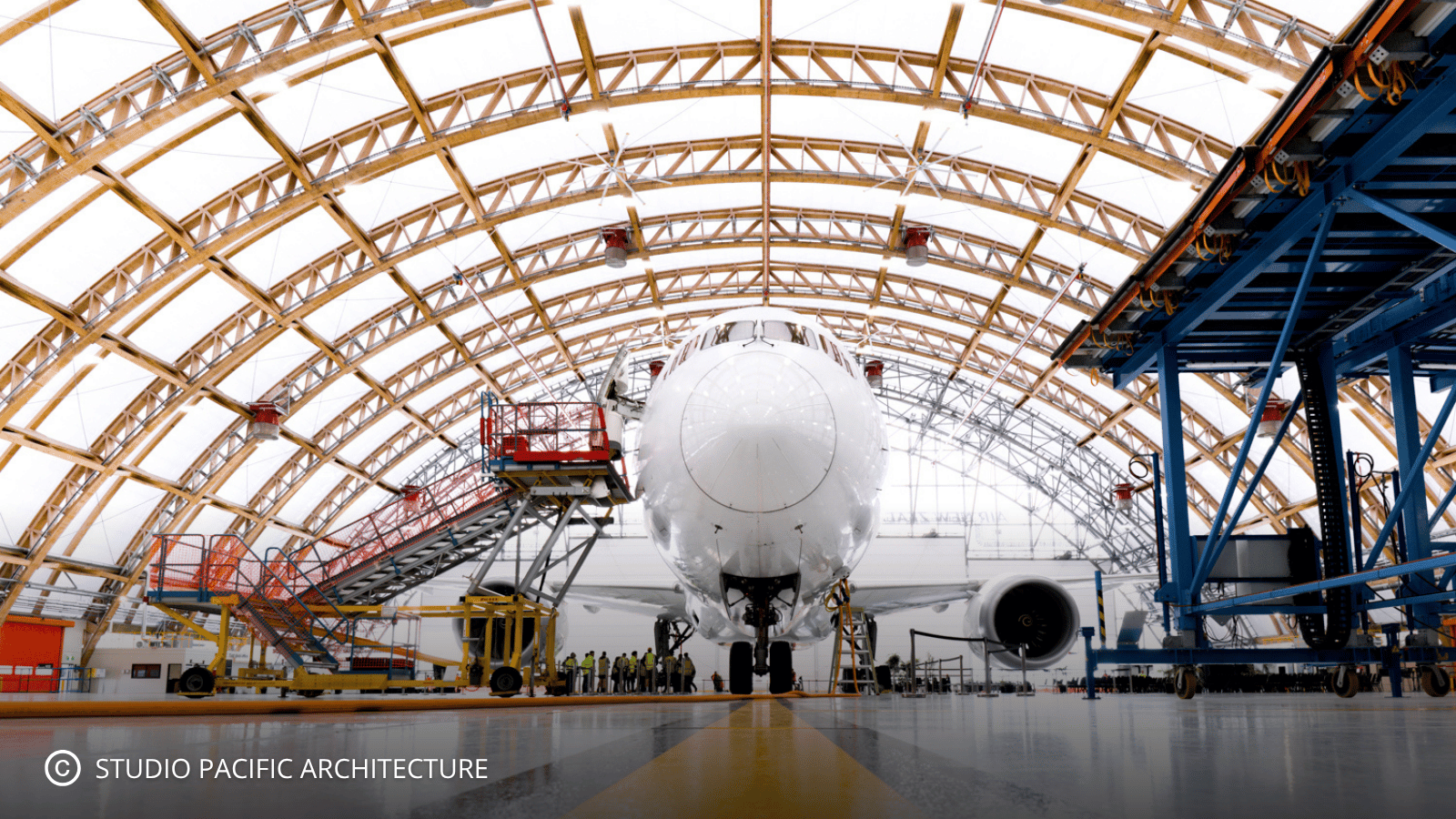 Interior of a modern aircraft maintenance hangar